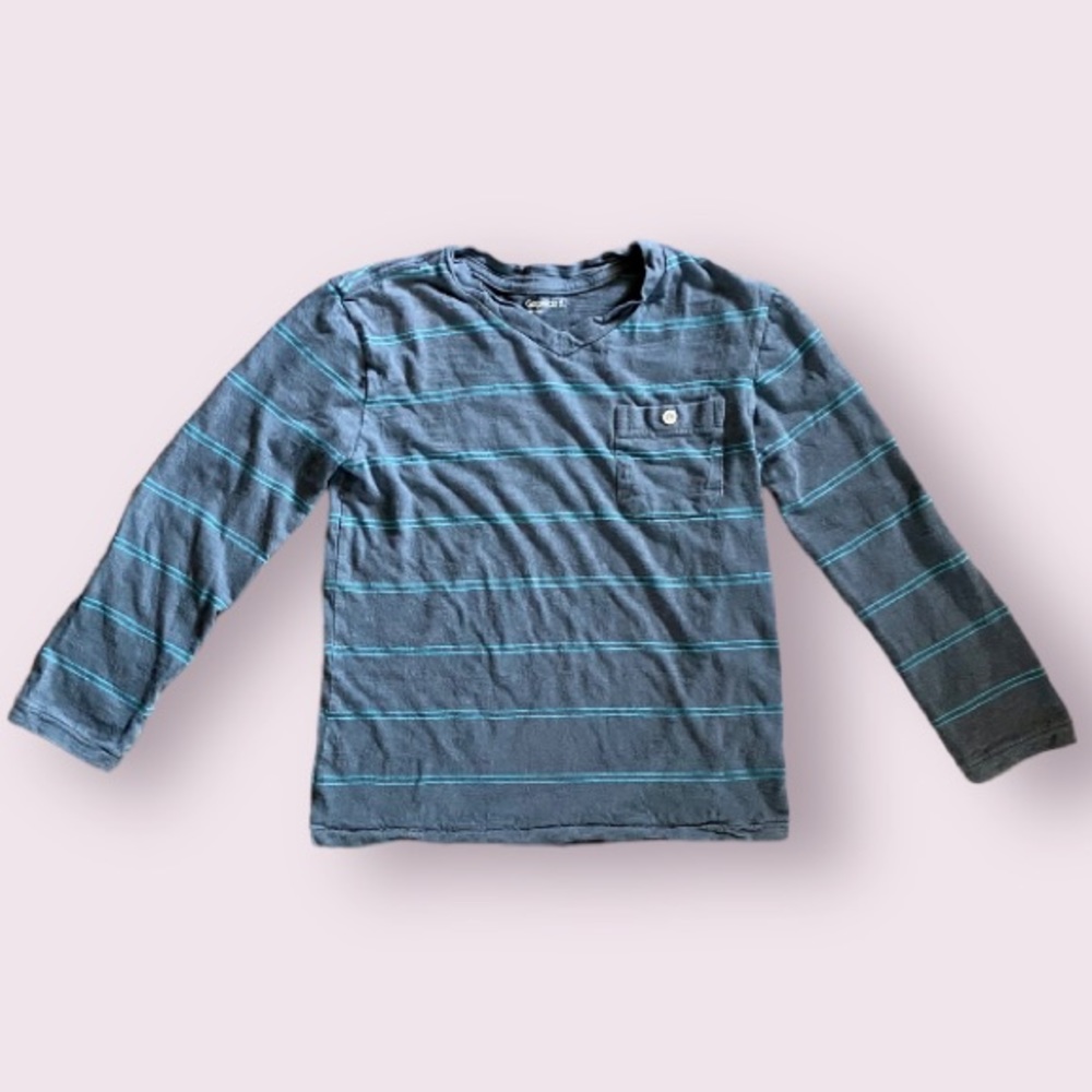 GAP Gray & Blue Striped Slub Knit V-neck Button Pocket Long Sleeve Tee